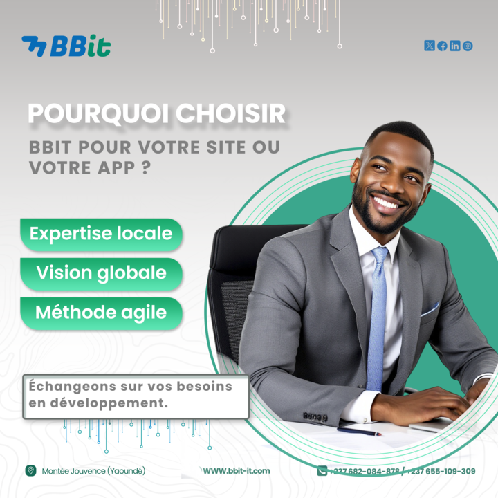Un site ou une app en 2025 ne doit pas juste “fonctionner”.

Elle doit comprendre, s’adapter, agir.
Chez BBIT, on intègre l’IA dans vos solutions web &amp; mobile.
📈 Prêt pour l’intelligence intégrée ?
👉 bbit-it.com
📞 +237 655 109 309

#BBIT #IAAfrique #WebDev