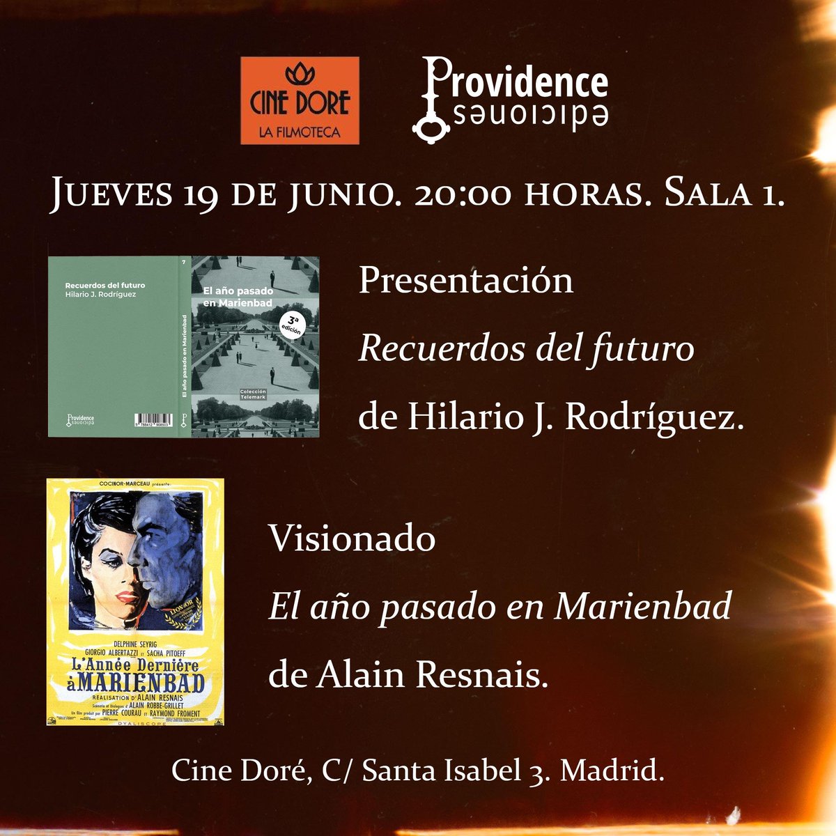 El jueves 19 de junio, a las 20:00, presentaré mi libro EL AÑO PASADO EN MARIENBAD en la <a href="/Filmoteca_es/">Filmoteca Española</a>, un poco antes de la proyección de la película de #AlainResnais. Va a ser una ocasión muy especial, para la que me encantaría contar con vosotr@s. 🙋😀

entradasfilmoteca.gob.es/ListaSesiones.…