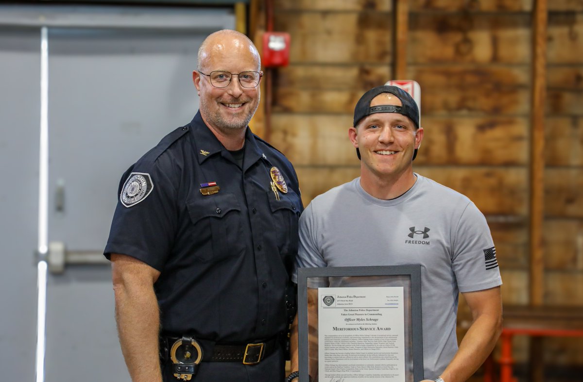 Congrats to Officer Schrage on receiving the Meritorious Service Award for a decade of exceptional service and commitment to advancing law enforcement training and community engagement in Johnston.