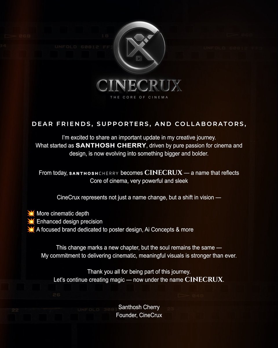 SanthoshCherrry's tweet image. Santhosh Cherry → CINECRUX ⚡️
A new name, a deeper vision.
From posters to cinematic visuals — we’re levelling up.
Welcome to the core of cinema. Welcome to #CineCrux 🎬
Let the journey begin… 🔥