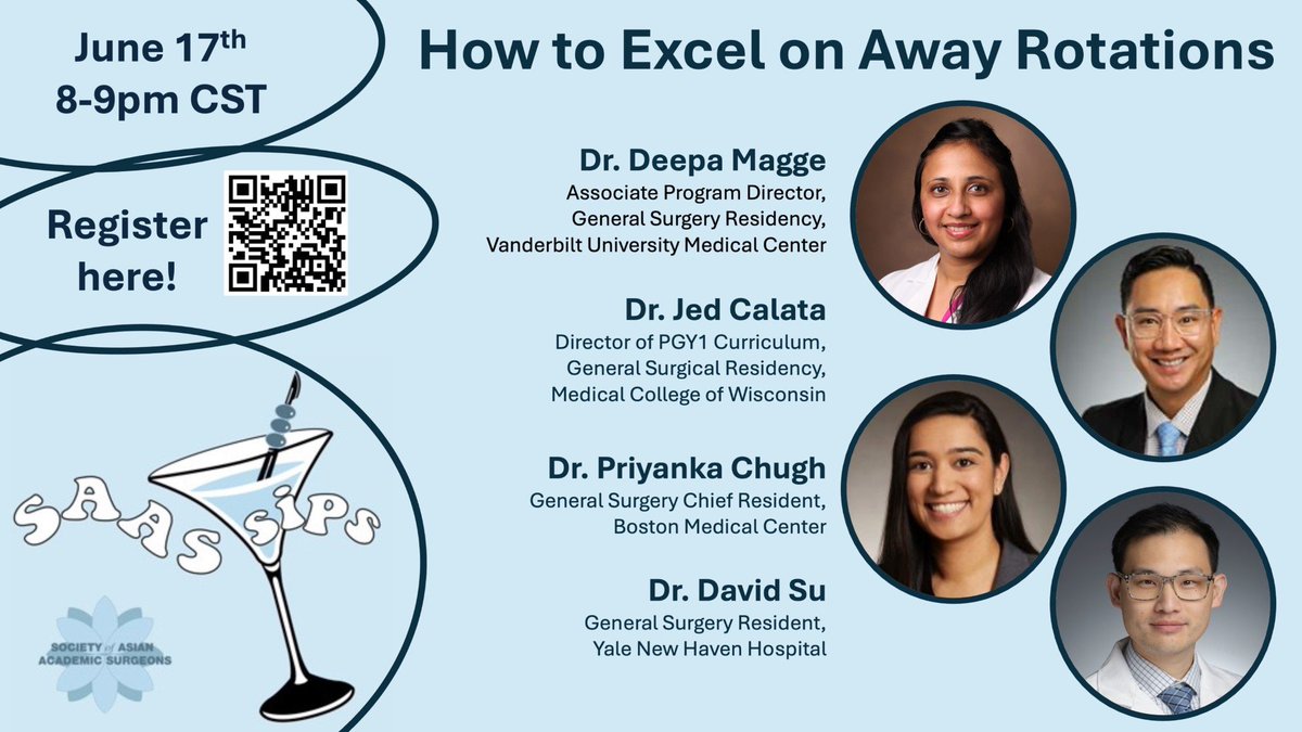 AsianAcadSurg's tweet image. REMINDER - Join us on June 17th 8pm CST for the next #SAASSips for medical students: How to Excel on Away Rotations
Moderated by @gogo_gopss with Drs. Deepa Magge, Jed Calata, @AntiWheatGirl, and @DavidSuMD
Register here: forms.gle/niAQjjDxxpzwax…