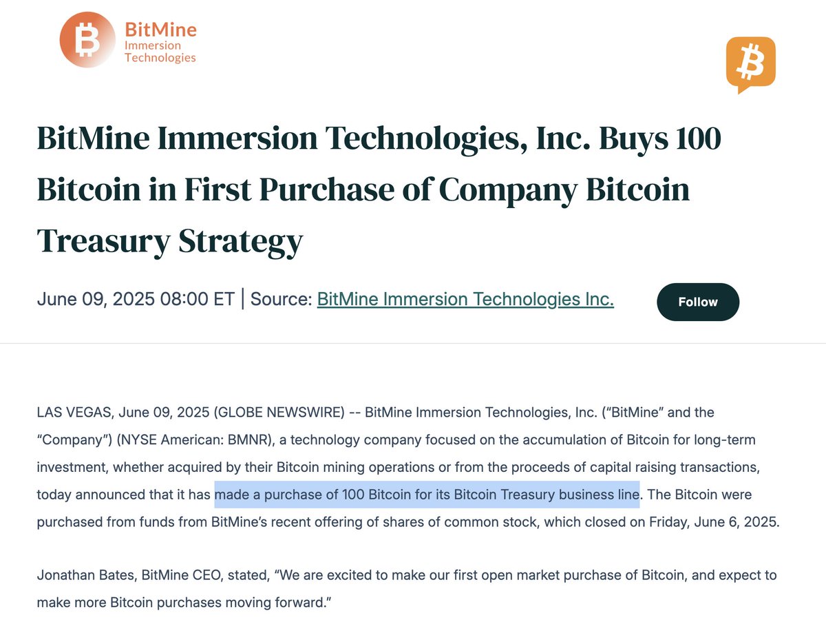 🚀 BitMine debuts #Bitcoin Treasury with 100 $BTC ($10.5M) purchase. CEO  vows more Bitcoin buys ahead as company doubles down on #BTC accumulation.