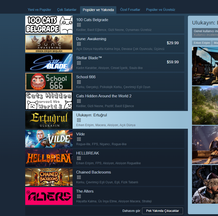 Ulukayın: Ertuğrul oyunumuz Steam'de "Popüler ve Yakında" listesine girdi!

Küçük ama tutkulu bir ekiple çıktığımız bu yolculukta, sizlerin desteğiyle daha da güçleniyoruz. 
Erken erişimde olmamıza rağmen gördüğümüz ilgi bizi gerçekten fazlasıyla motive ediyor.

Emeği geçen tüm