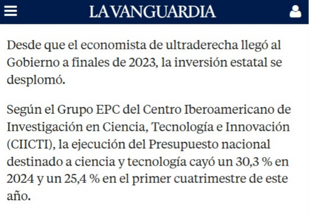 La grave situación que atraviesa la ciencia argentina sigue siendo un tema de interés mundial. Esta vez, el diario español La Vanguardia habla de "crisis inédita".

lavanguardia.com/vida/20250608/…