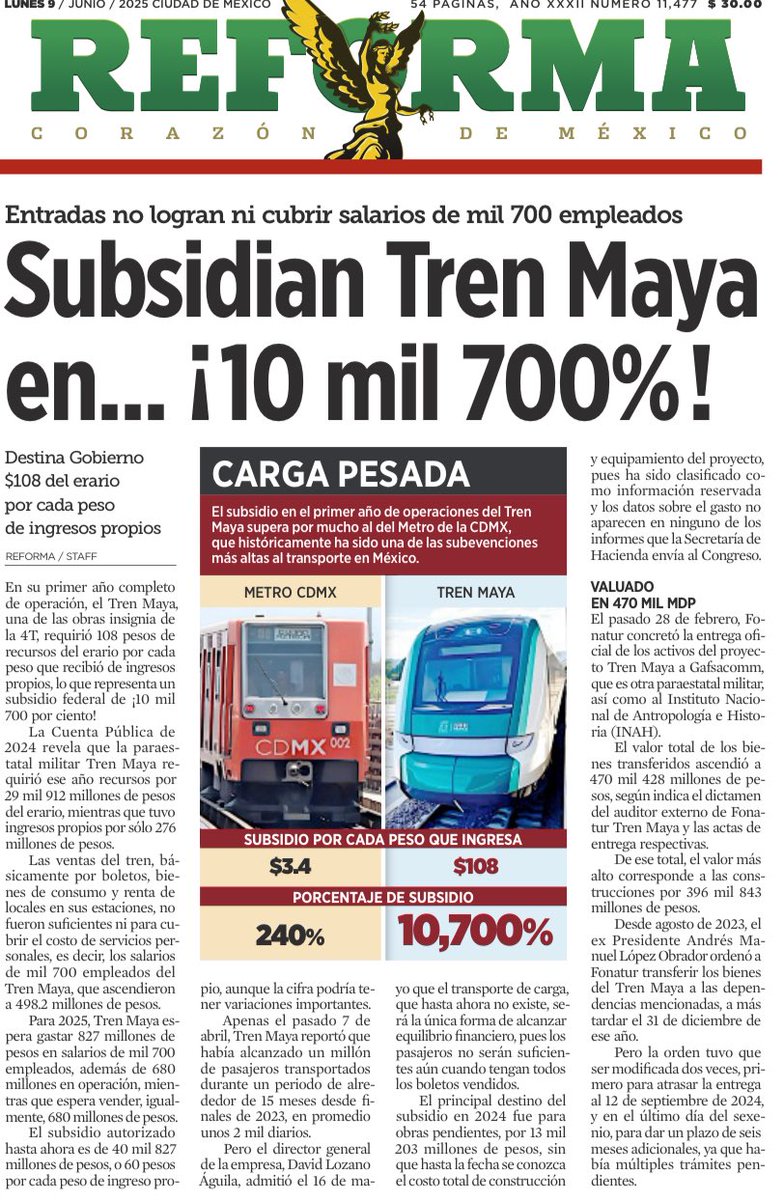 ¡Escándalo! Chequen este dato sobre una de las obras insignia del macuspano: En su primer año completo de operación, el Tren Maya requirió 108 pesos de recursos del erario por cada peso que recibió de ingresos propios, lo que representa un subsidio federal de ¡10 mil 700%!