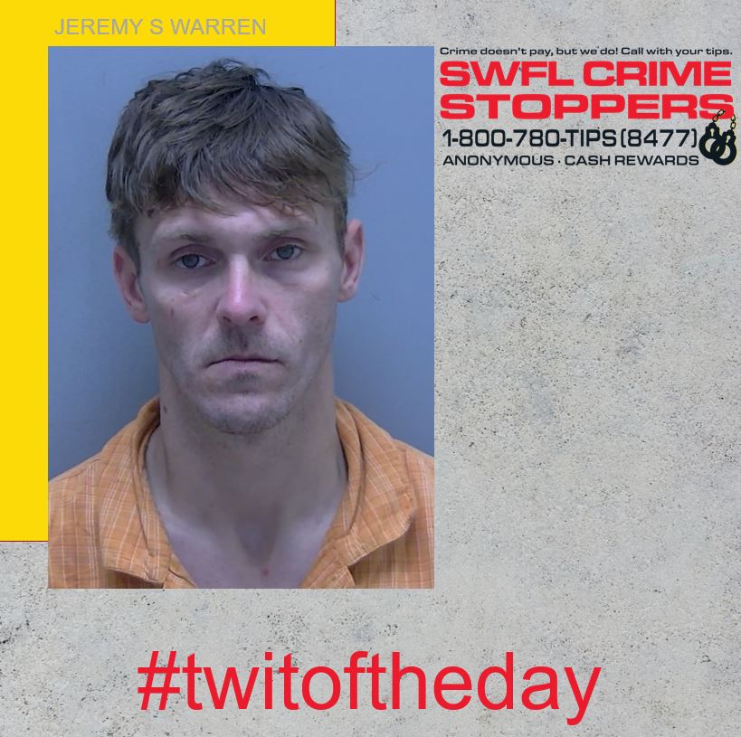 Our #Twitoftheday is Jeremy Warren, wanted in Lee County for FTA criminal use of personal identification information. If you know where he is, please call SWFL Crime Stoppers at 1-800-780-TIPS (8477), submit a tip on our website or use the P3 Tips app. Cash reward possible!