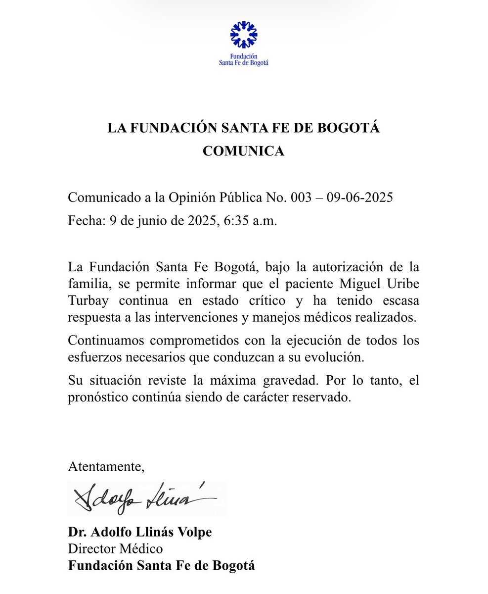 Nuevo comunicado de la <a href="/FSFB_Salud/">Fundación Santa Fe de Bogotá</a>: Miguel Uribe Turbay “ha tenido escasa respuesta a las intervenciones y manejos médicos realizados”.