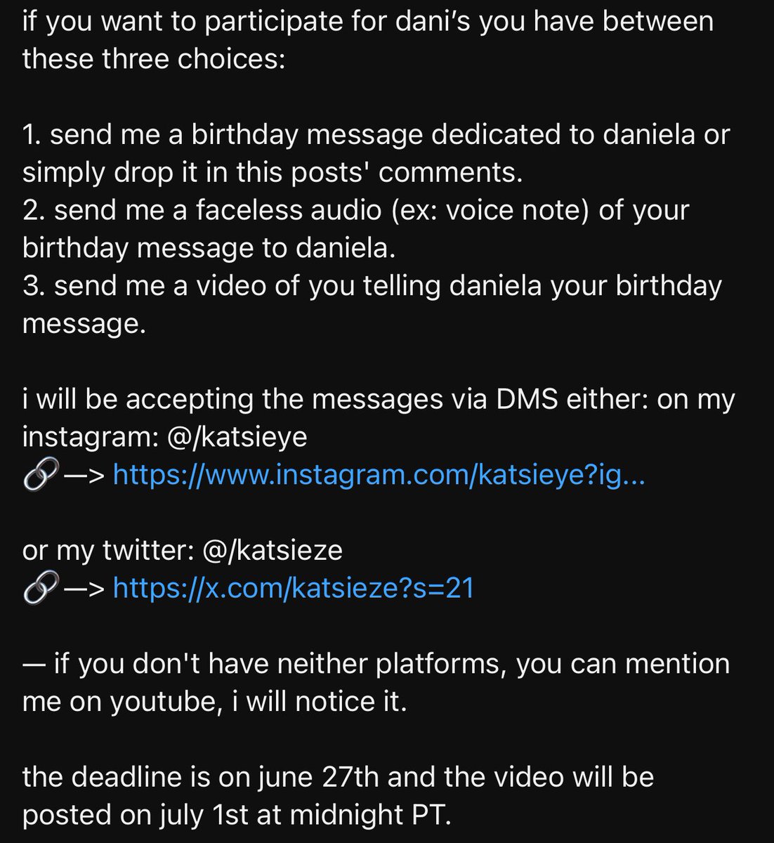(6/6) for every katz’ birthday i have been compiling messages from eyekons and now it’s finally time for lastly dani! if you see this please participate and rt+like to make her birthday special!