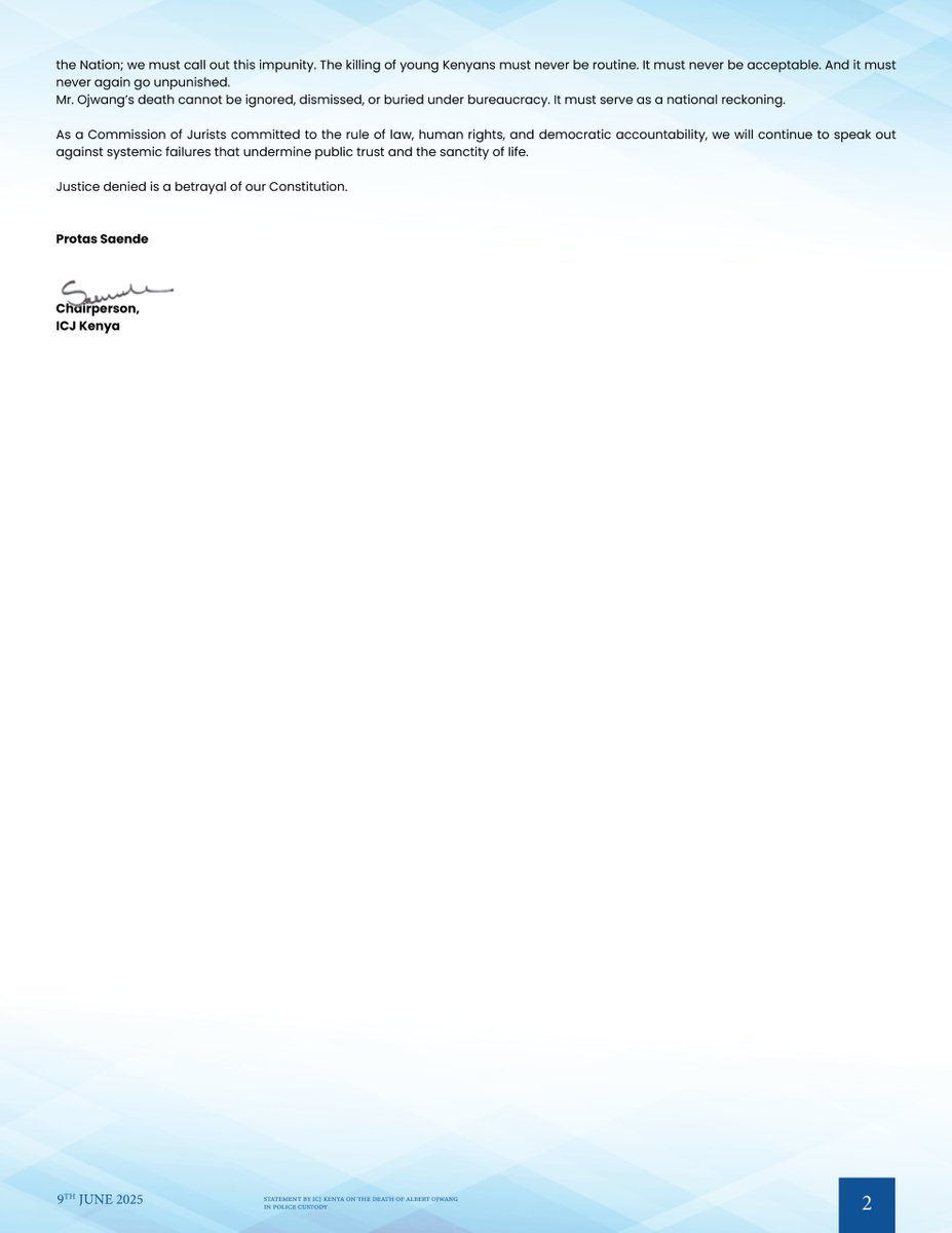 STATEMENT: ICJ Kenya extends its deepest condolences to the family of the late Albert Omondi Ojwang. We stand with them and with all Kenyans who continue to demand truth, justice, and accountability.

According to public reports, Mr. Ojwang, a teacher and digital influencer, was