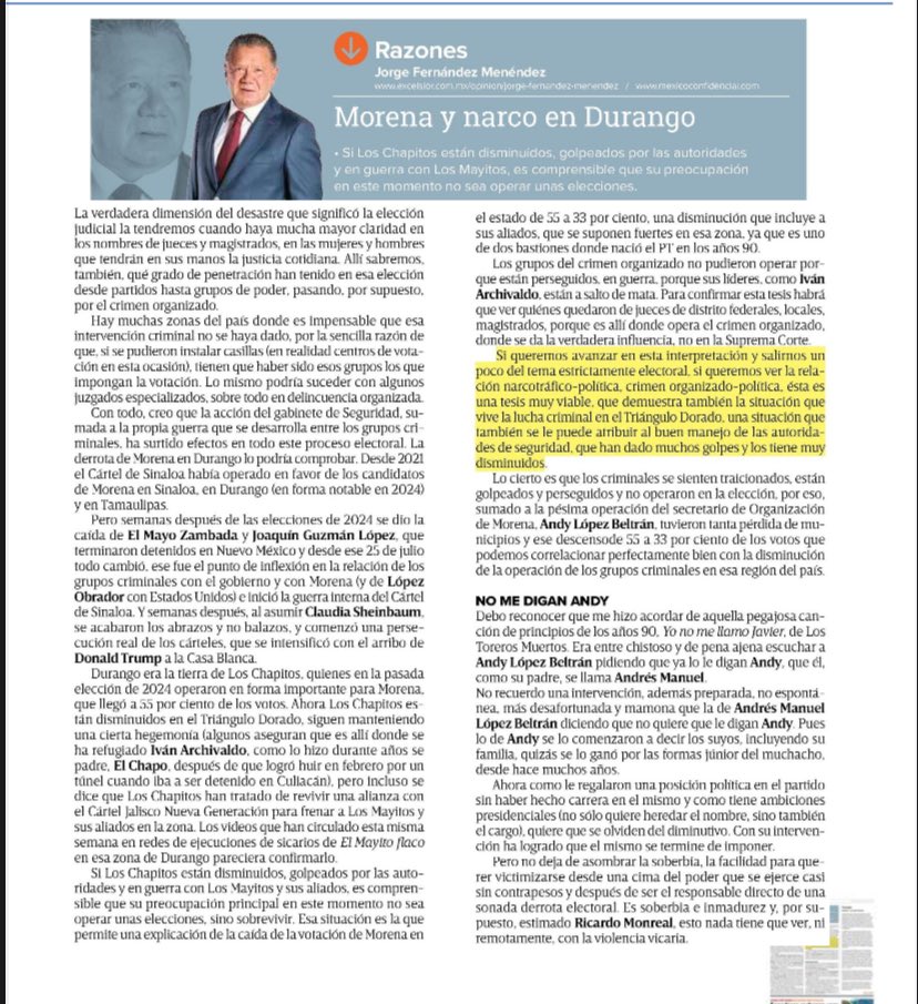 Morena y narco en Durango (lo que no ha dicho Andy), ⁦<a href="/J_Fdz_Menendez/">Jorge Fernández Menéndez</a>⁩