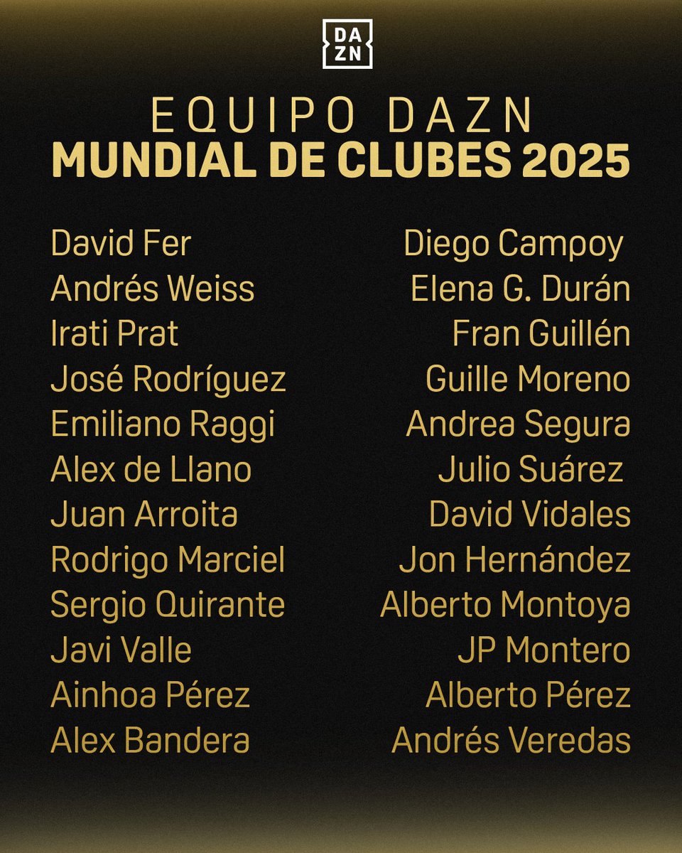 DAZN Fútbol (@daznfutbol) on Twitter photo UNA ALINEACIÓN DE LUJO PARA CONTAR UN MUNDIAL DE CLUBES FIFA 2025 ESPECTACULAR 😍
Lo que se viene a partir del 14 de junio en DAZN va a ser... MUY BESTIA 🔥
<a href="/FIFACWC/">FIFA Club World Cup</a> | Todos los partidos GRATIS | #FIFACWC #TakeItToTheWorld
🔗 tinyurl.com/FCWCenX UNA ALINEACIÓN DE LUJO PARA CONTAR UN MUNDIAL DE CLUBES FIFA 2025 ESPECTACULAR 😍
Lo que se viene a partir del 14 de junio en DAZN va a ser... MUY BESTIA 🔥
<a href="/FIFACWC/">FIFA Club World Cup</a> | Todos los partidos GRATIS | #FIFACWC #TakeItToTheWorld
🔗 tinyurl.com/FCWCenX