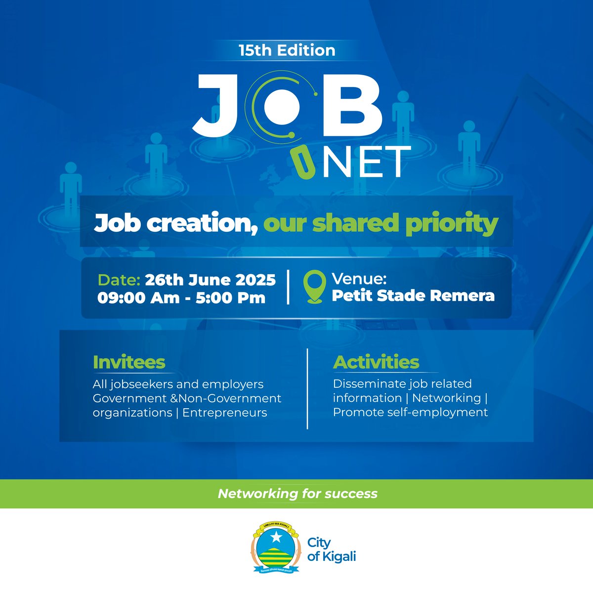 Tubafitiye inkuru nziza! Urubuga ruhuza abatanga imirimo n'abayikeneye, #KigaliJobNet2025, rwagarutse. 

📍Petit Stade i Remera 
🗓️ 26/06/2025
⏰ 9h00 - 17h00 

▶️ Kwiyandikisha ku bifuza imirimo, kanda hano: shorturl.at/4WGcu 

▶️ Kwiyandikisha ku batanga imirimo, ni