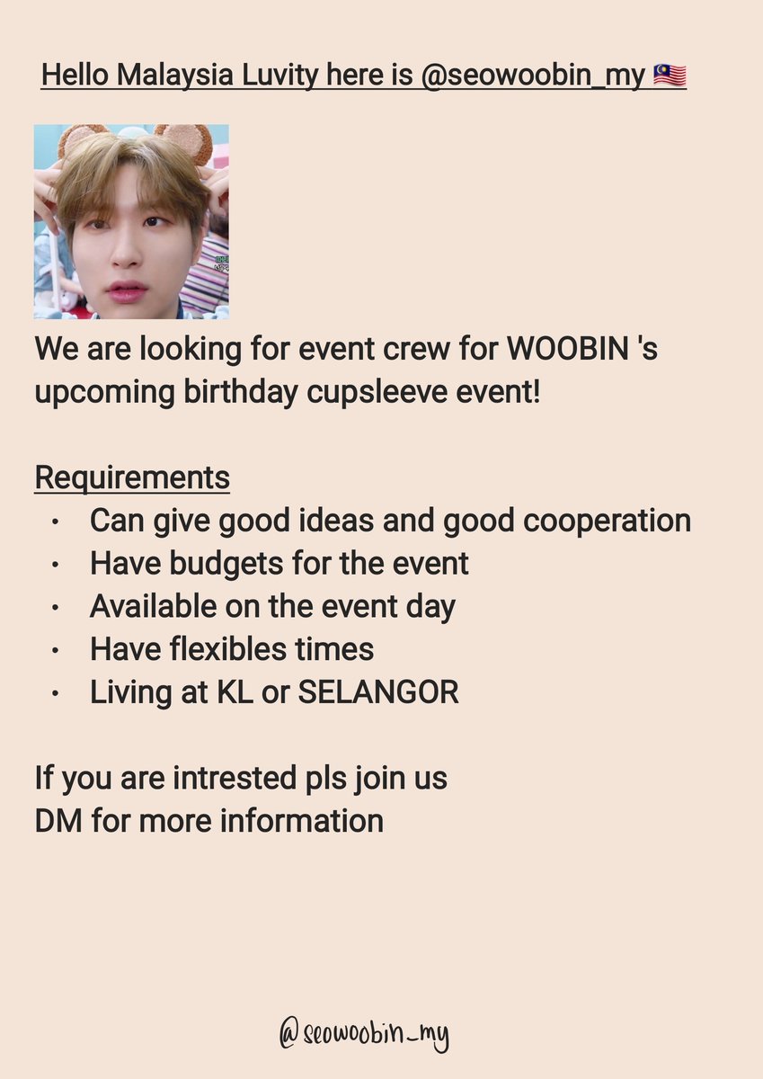 seowoobin_my's tweet photo. [HELP RT] Recruiting ‼️
ATTENTION TO ALL LUVITY or RUBRANGDANS in Malaysia ‼️

We are looking for event crews for upcoming woobin birthday event 🥰

Details on below ⬇️
- The event will be held in KL
#WOOBIN #CRAVITY #pasarcravity #pasarCRVT https://t.co/7wKbCbzTst