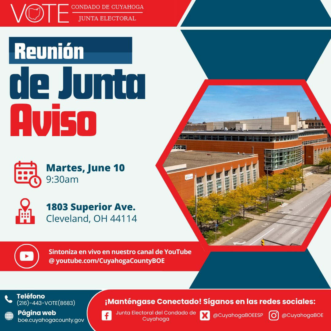 La Junta Electoral se reunirá el 10 de junio a las 9:30 a.m. Sintonice youtube.com/user/CuyahogaC….  

Esto será en 1803 Superior Ave., Cleveland, OH 44114