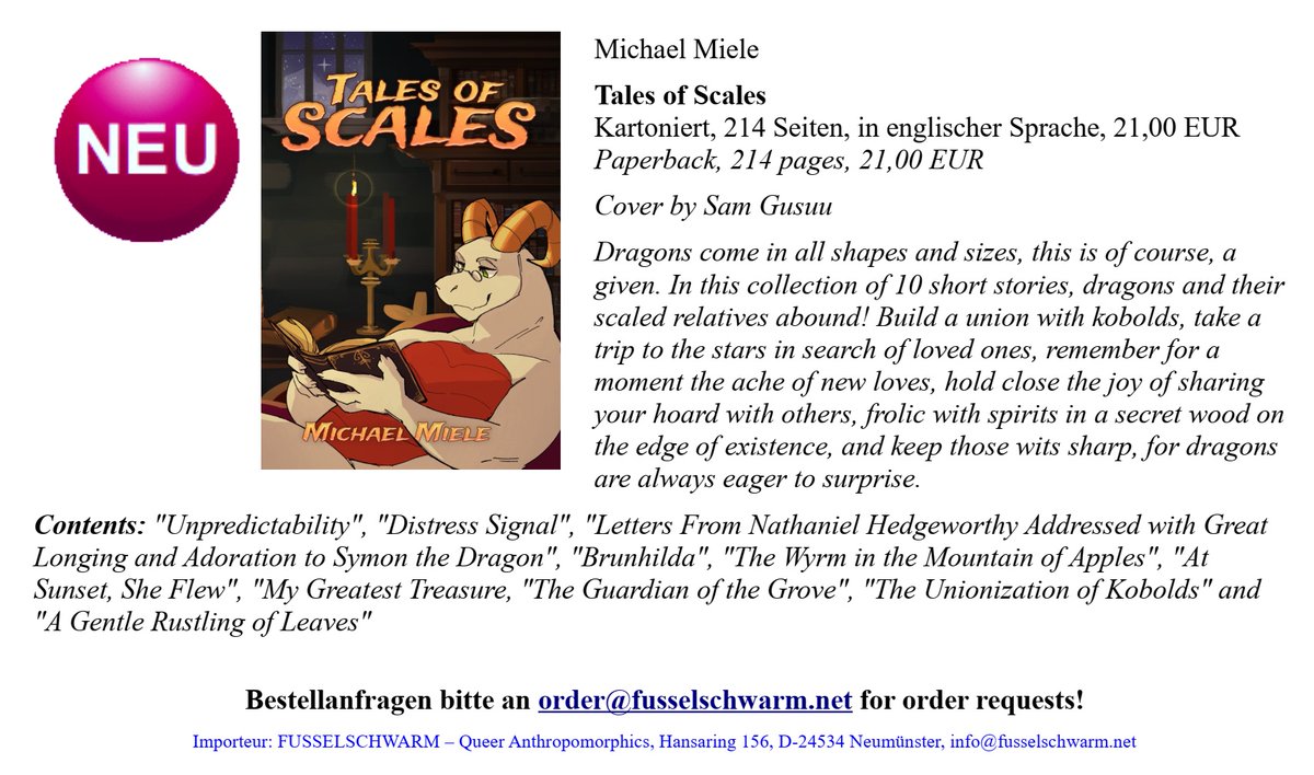 You want more dragons? We have more dragons! TALES OF SCALES brings together 10 (SFW) short stories by Michael Miele about a wide variety of dragons and their adventures. Great fun! 😊