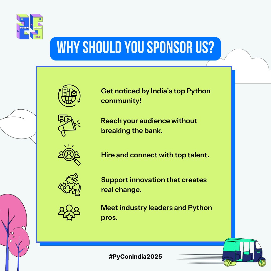 pyconindia's tweet image. Where #tech meets #community,your brand belongs here!
#PyConIndia2025 is a celebration of innovation, #OpenSource spirit, & the vibrant #Pythoncommunity.
📣 Sponsorships are Open- forms.gle/6N6jSvh6nVwmHG…
Check the poster to see why you should be part of it.