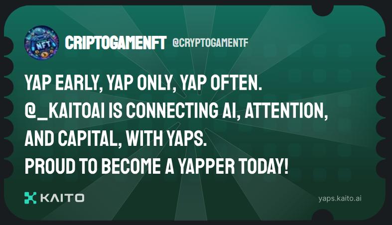 Yap early, yap only, yap often.

<a href="/KaitoAI/">Kaito AI 🌊</a> is connecting AI, attention and capital with Yaps.

Just claimed my social card and I'm accumulating Yap points in real-time.

Claim yours 👉 yaps.kaito.ai/referral/14315…