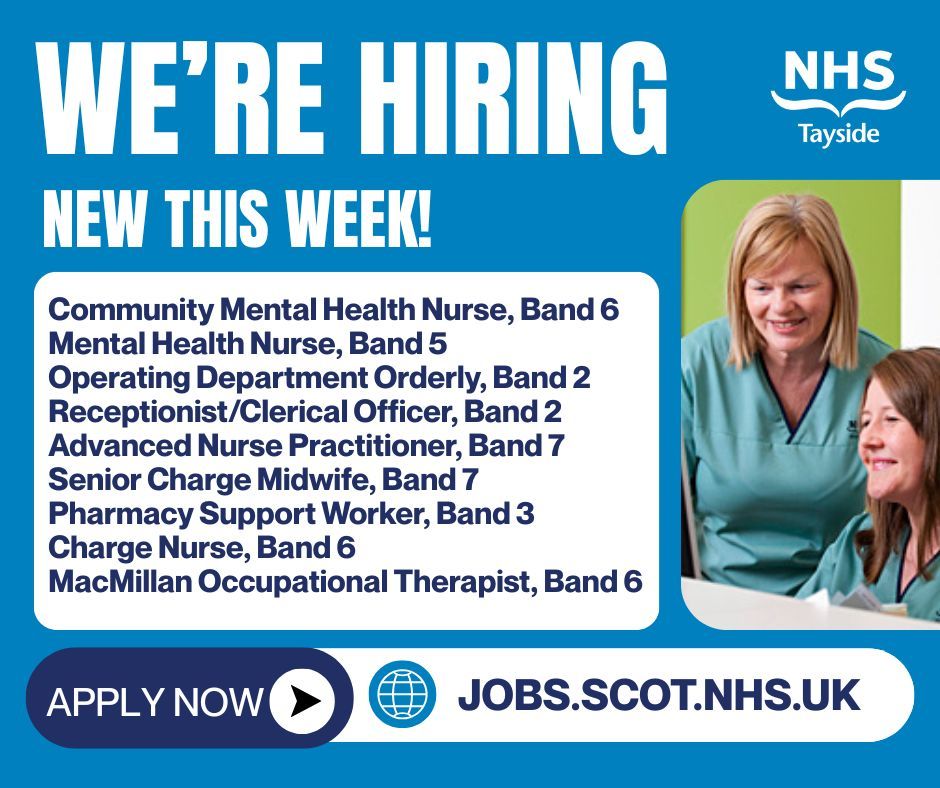 🚨 We’re hiring across NHS Tayside!

Roles this week include:

🧠 Mental Health Nurses
🩺 Advanced Nurse Practitioner
👶 Senior Charge Midwife
💊 Pharmacy Support Worker
📝 Receptionist &amp; more!

📲 Apply now 👉 jobs.scot.nhs.uk 

#NHSJobs #NHSTayside #HealthcareCareers