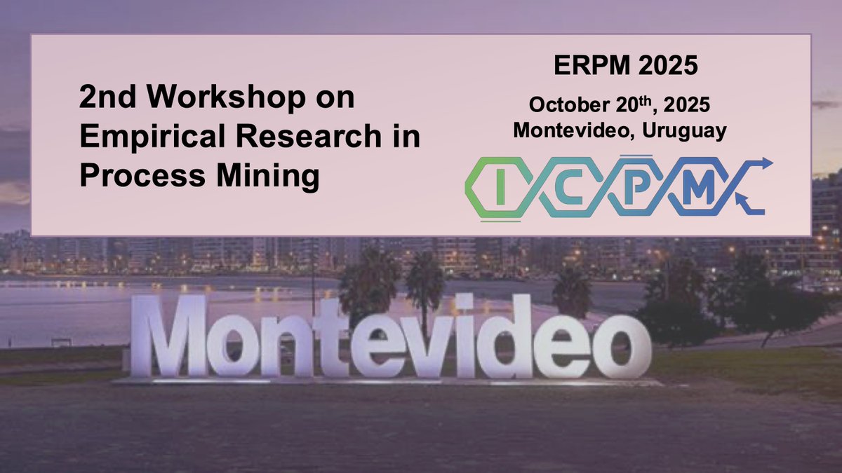 📍CALL FOR PAPERS: ERPM 2025 @ #ICPM2025 in Montevideo, Uruguay 🇺🇾

Studying how people use #ProcessMining tools &amp; their organizational impact? 

ERPM is for you!

🗓️ Abstracts: July 18
📝 Papers: July 25
📆 Workshop: Oct 20

🔗erpm-workshop.github.io/homepage/

<a href="/DjordjeDjurica/">Djordje Djurica</a> <a href="/fzerbato1/">Francesca Zerbato</a>