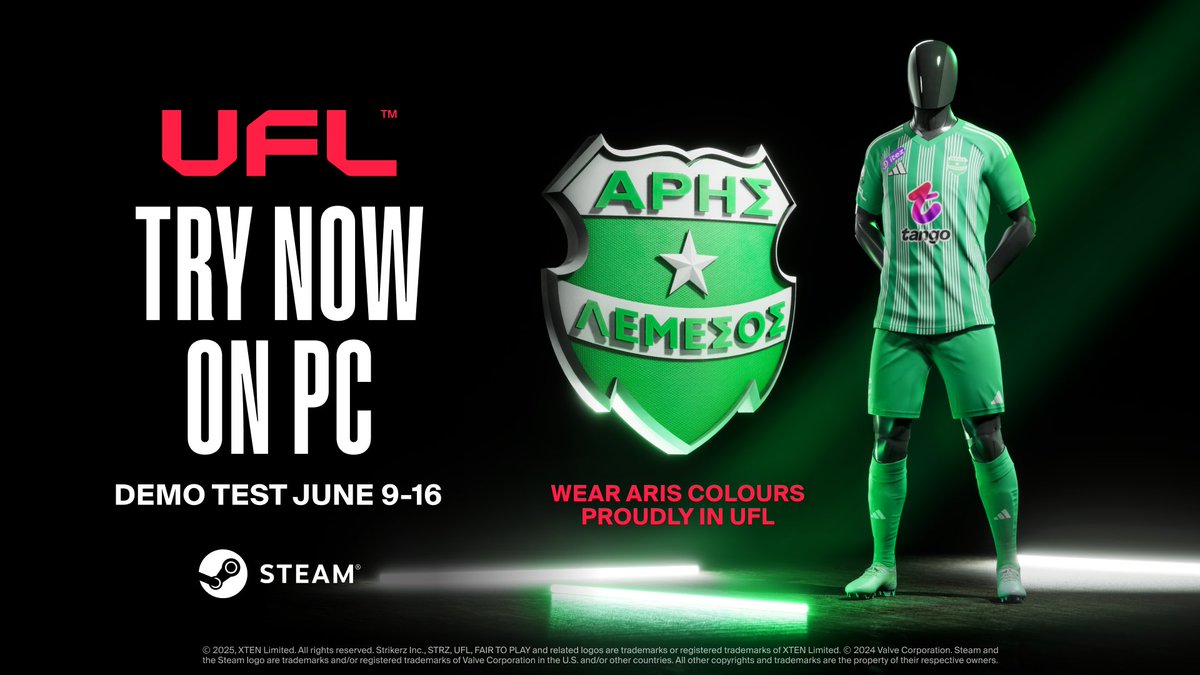 ArisLimassol's tweet image. It’s time to check @UFLgame on PC 👨💻
Join UFL Demo Test on Steam at ufl.link/Demo_Aris. Get Aris Limassol items and enjoy the fresh experience!
The test is on through June 16 🔚