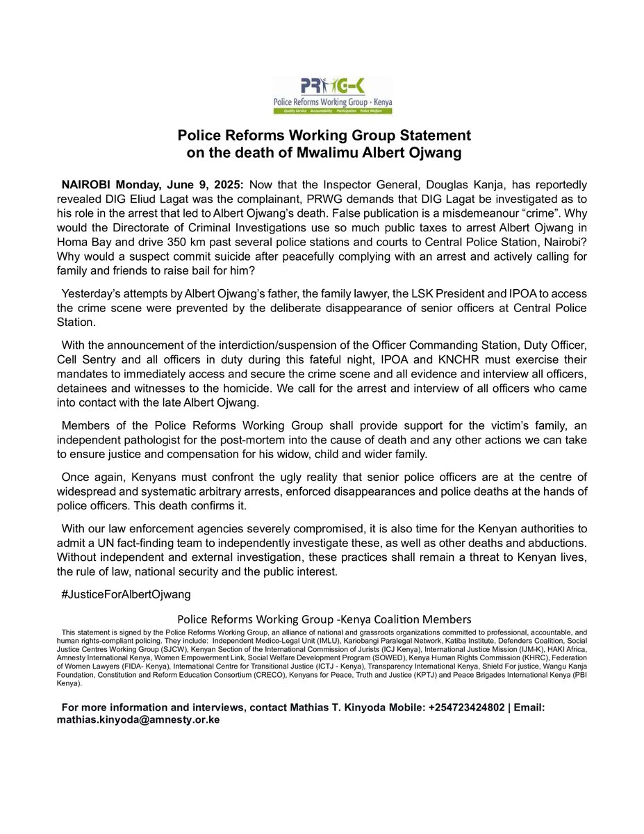 Wangu Kanja Foundation (@wangukanjaf) on Twitter photo Press Statement: <a href="/ReformsGroup/">Police Reforms Working Group - Kenya</a> demands that DIG Eliud Langat be investigated as to his role in the arrest that led to Albert Ojwang’s death at Central Police Station. Members of the <a href="/ReformsGroup/">Police Reforms Working Group - Kenya</a> shall provide support for the victim’s family, an independent pathologist for the Press Statement: <a href="/ReformsGroup/">Police Reforms Working Group - Kenya</a> demands that DIG Eliud Langat be investigated as to his role in the arrest that led to Albert Ojwang’s death at Central Police Station. Members of the <a href="/ReformsGroup/">Police Reforms Working Group - Kenya</a> shall provide support for the victim’s family, an independent pathologist for the