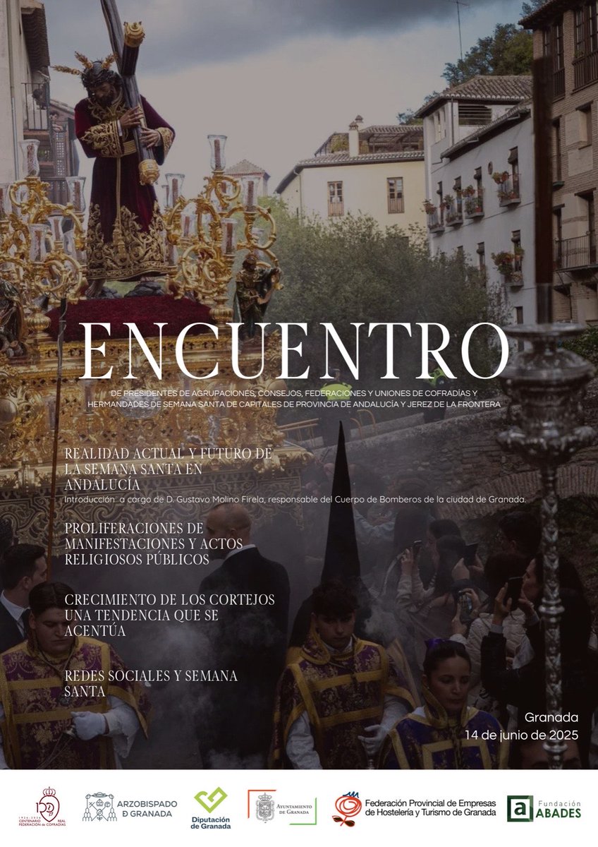 📍 Este sábado #Granada acoge el Encuentro de Presidentes de Cofradías y Hermandades de las capitales andaluzas y Jerez.

Temas:
🔸 Seguridad
🔸 Cortejos procesionales
🔸 Manifestaciones religiosas
🔸 Redes sociales

📍 Salón de Comisiones, Ayuntamiento
🕙 10-14 h