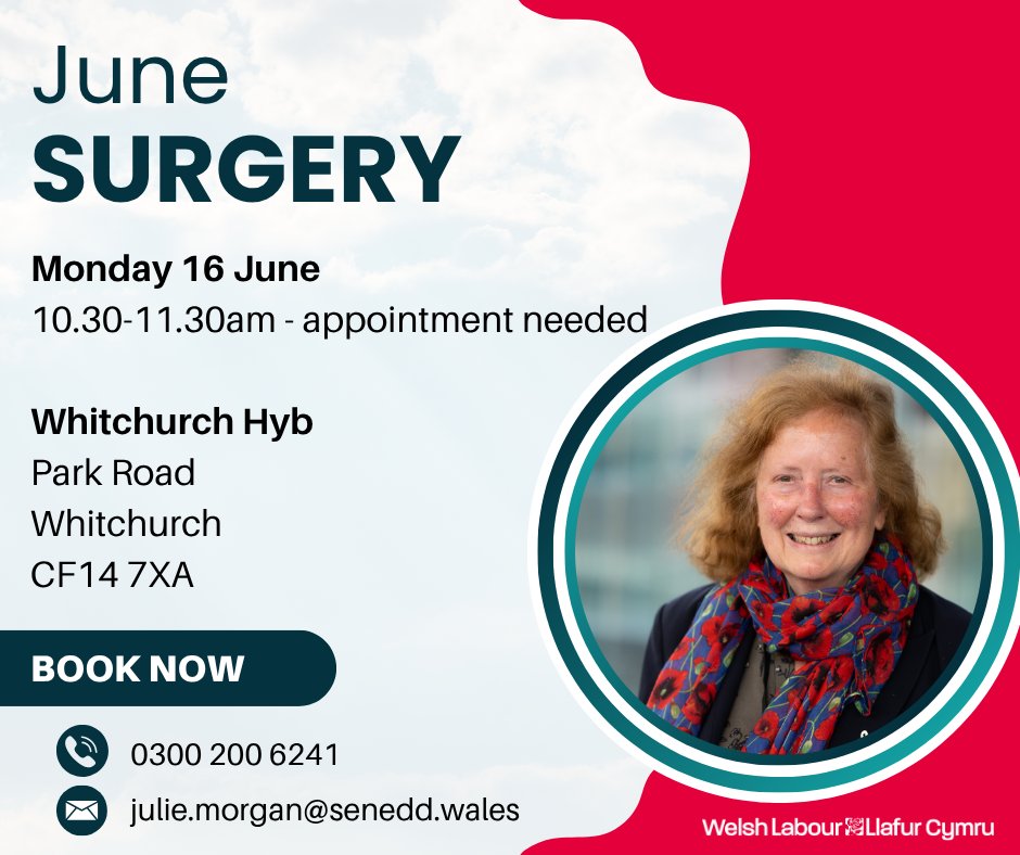 My next constituency surgery is on Monday 16 June, 10.30-11.30am.

📍Whitchurch Hyb
Park Road
Whitchurch
CF14 7XA

Please get in touch to make an appointment.