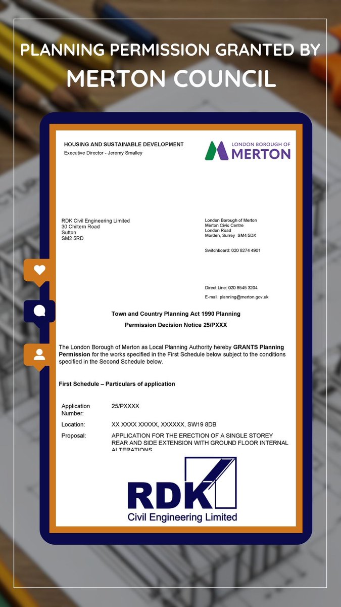 Another successful outcome in Merton! ✅ RDK Civil Engineering Limited is delighted to announce planning permission has been GRANTED by Merton Council for a key home extension project.  #MertonDevelopment #PlanningSuccess #RDKCivilEngineering #HomeRenovation #PropertyExtension