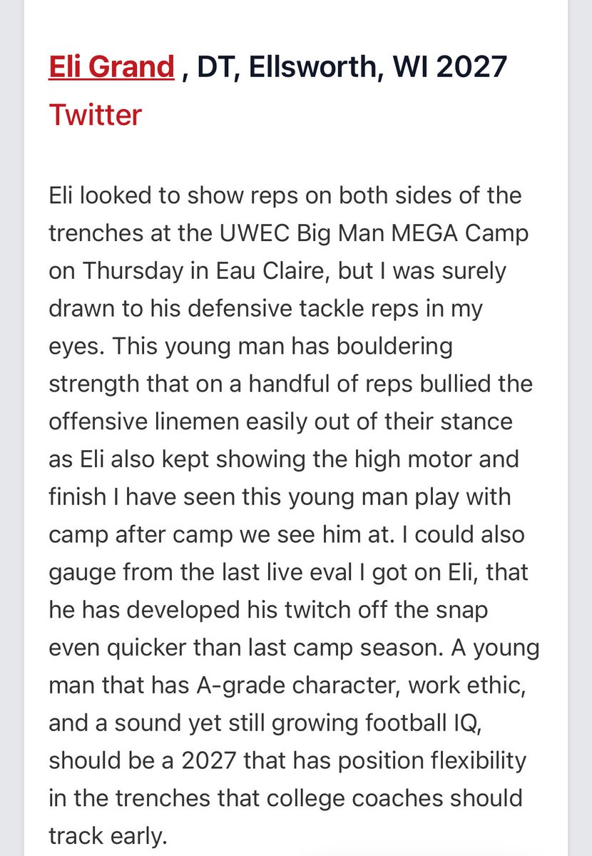 Huge thanks to <a href="/NWahlScouting/">Nate Wahl</a> with <a href="/PrepRedzoneWI/">Prep Redzone Wisconsin</a> for the write up, ready to work!! <a href="/OJW_Scouting/">PrepRedzone Oliver</a> <a href="/MJ_NFLDraft/">Mark Johnson</a>