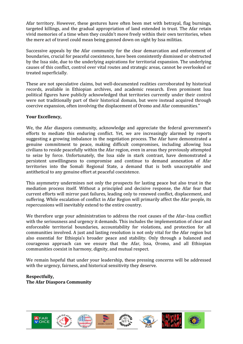FidaAfar's tweet photo. 📢 Open letter to PM Abiy Ahmed: The Afar diaspora raises alarm over Issa incursions, land grabs, and failed mediations. Lasting peace requires clear borders, justice, and mutual respect. #Afar #Ethiopia #PeaceNow https://t.co/91aaUiSVOf