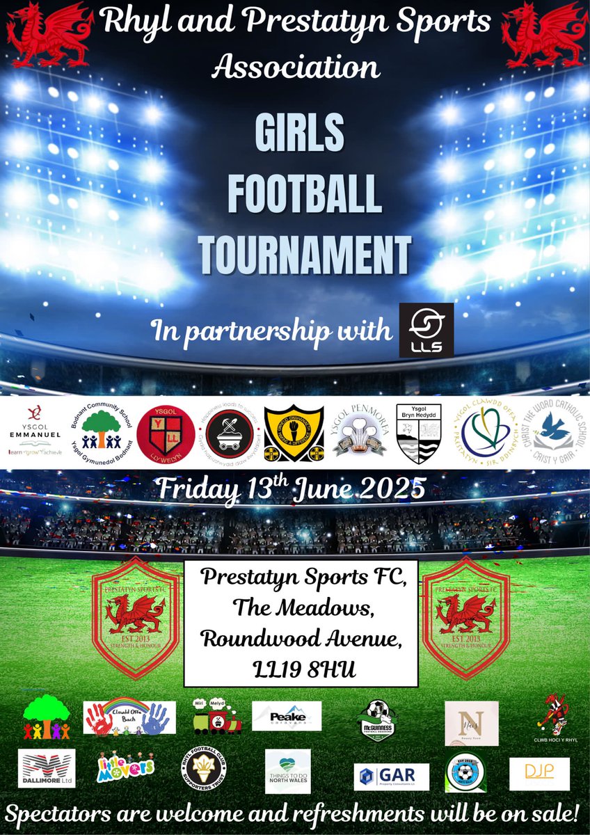 Information regarding Girls' Football Tournament in Prestatyn on 13th June. Spectators welcome! ⚽️