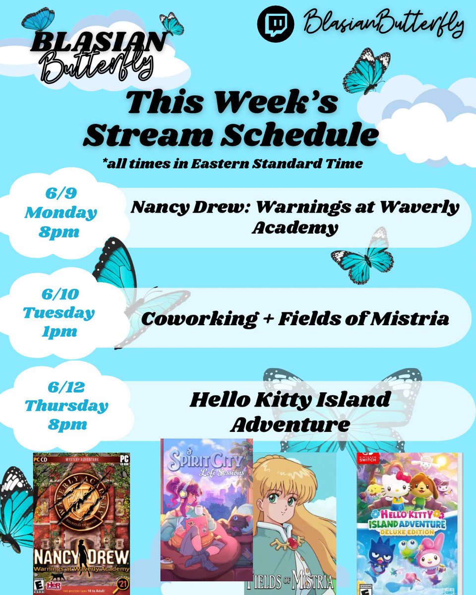 🦋 THIS WEEK'S STREAM SCHEDULE (6/9-6/12) ☁️ 

Excited to get back into some coworking bc I've got some things to do! ✨ also super happy that another Fields of Mistria update is among us, so I've gotta lock in! 

Twitch.com/blasianbutterf…