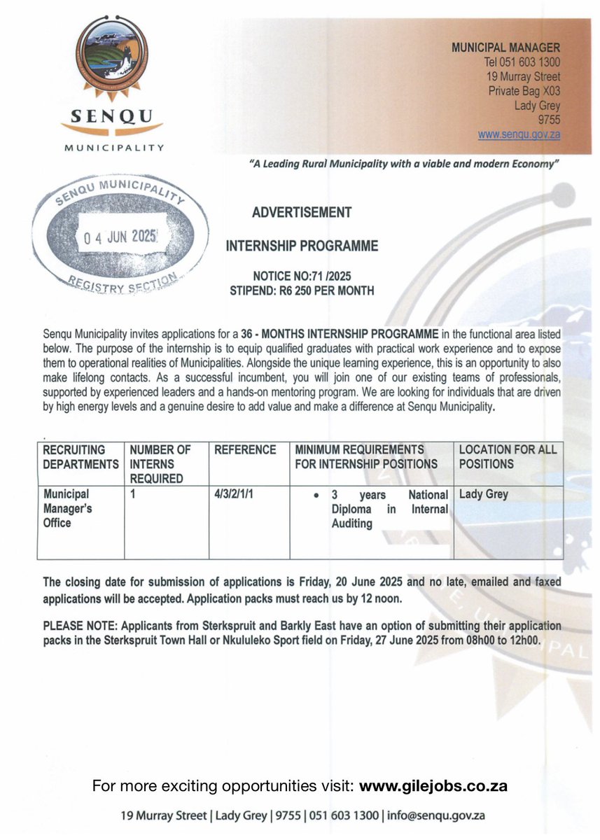 STUFNews's tweet photo. Apply for Senqu Municipality’s Internal Auditing Internship Programme 2025-2028
For more details and to apply, visit: https://t.co/MxmeqUY6rC
Don’t miss out! Deadline is 20th of June 2025 at 12:00 noon.
#Jobs #VacanciesWithGILEJoBs #VacanciesWithSTUFNews #JobSeekersSA #Senqu https://t.co/iCfutSquyM
