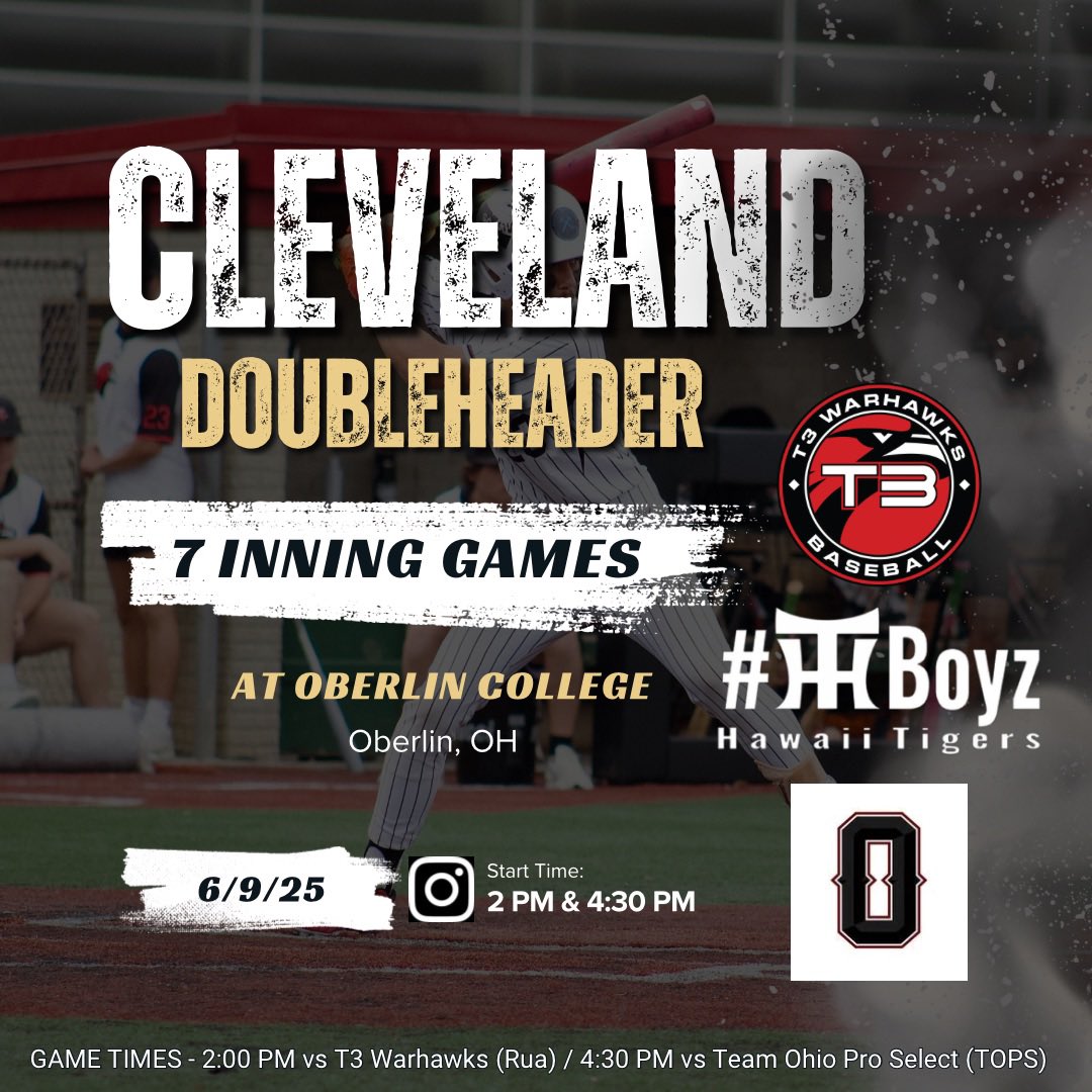 With weather in the area until noon, we will push the start times back.

Game 1 - <a href="/T3Warhawks_Rua/">@T3Warhawks_Rua</a> 
T3 vs Hawaii - 7 innings
2:00pm start

Game 2 - <a href="/OhioProDevelops/">Ohio Pro Development (Team Ohio Pro Select)</a> 
TOPS vs Hawaii - 
4:15-4:30pm start.

#OhioSoljahz | <a href="/NomuraAcademy/">Nomura Baseball Academy</a>