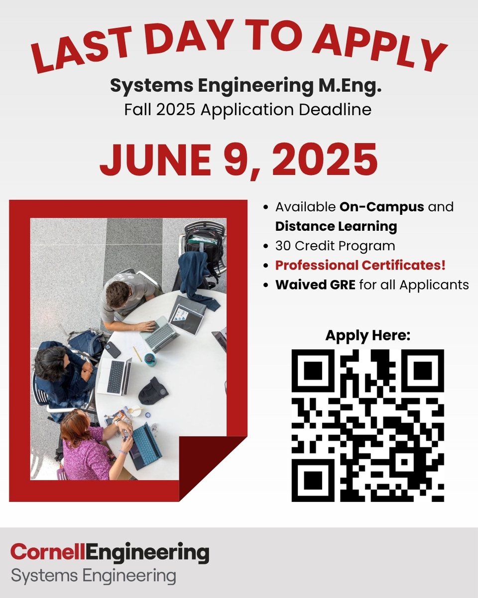 CornellSystems's tweet image. π¨ Last Day to Apply! Cornell Systems Engineering M.Eng. π¨
β¨ Design your path, your way:
βοΈ On-Campus or Distance Learning
βοΈ 30-Credit Curriculum
βοΈ New SEMI Pathway in Semiconductor, Manufacturing & Industrial Engineering
π Apply now: tinyurl.com/yz4capt3