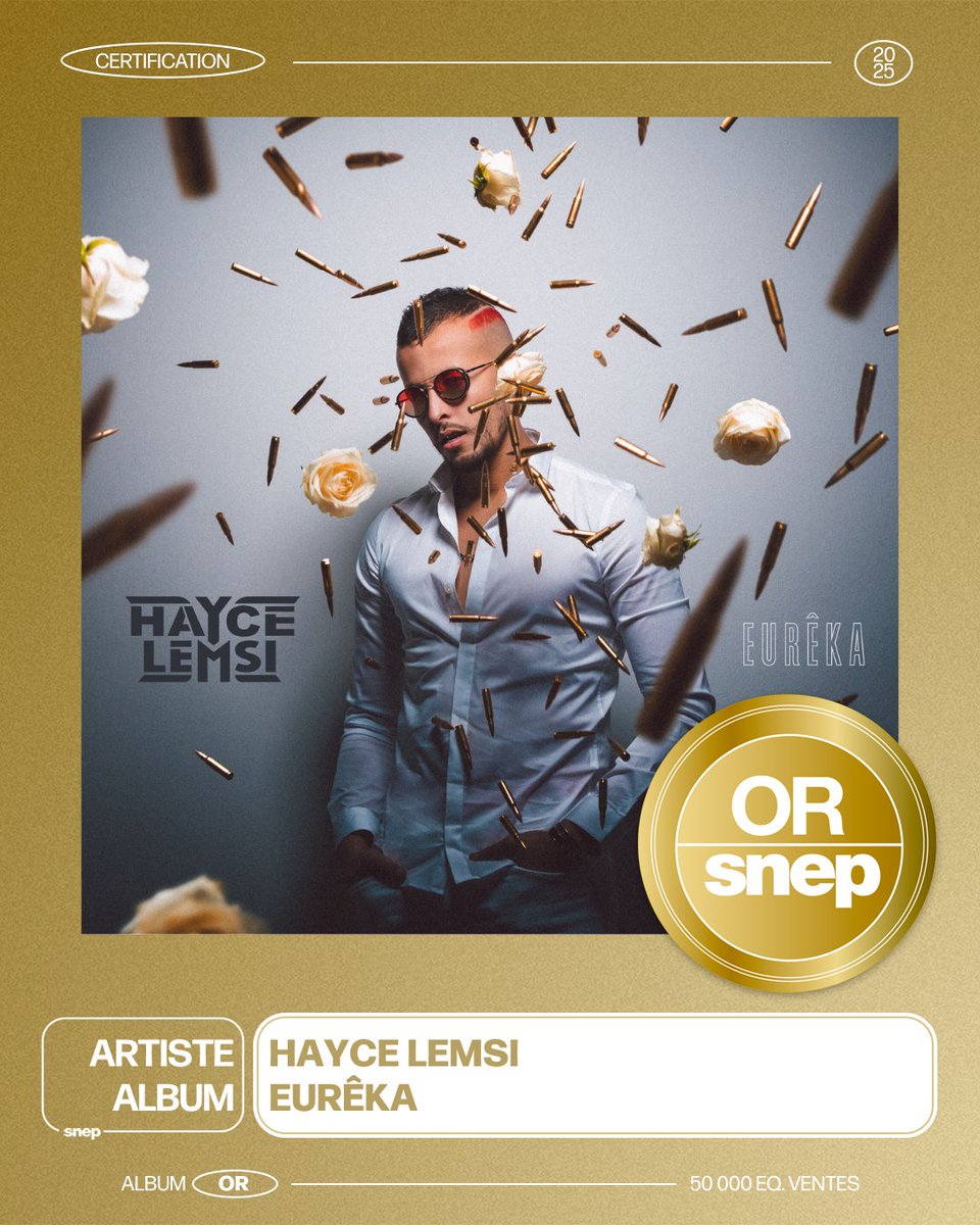 snep's tweet photo. L'album « Eurêka » de Hayce Lemsi est certifié Or ! 📀

50 000 équivalents ventes 📈

Bravo ! 👏 https://t.co/JP8glx5OkA
