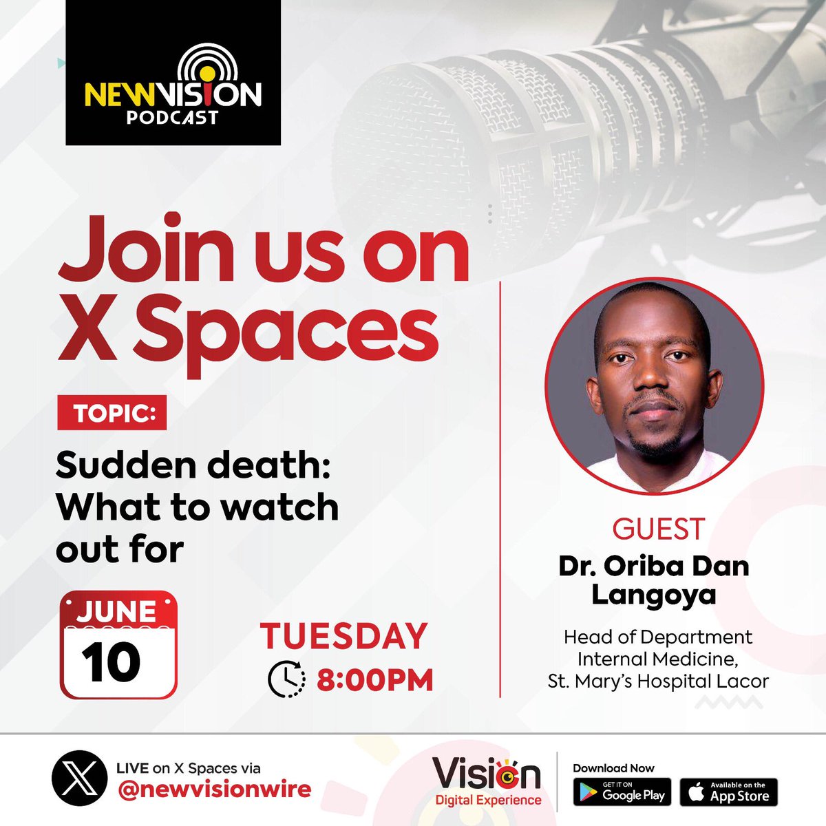 The New Vision (@newvisionwire) on Twitter photo Sudden death can occur within an hour of the onset of symptoms. This Tuesday on our live #Visionpodcast, <a href="/DrOribaDan/">Dr. Oriba Dan Langoya</a> will explain unexpected death and everything you need to know about it Sudden death can occur within an hour of the onset of symptoms. This Tuesday on our live #Visionpodcast, <a href="/DrOribaDan/">Dr. Oriba Dan Langoya</a> will explain unexpected death and everything you need to know about it