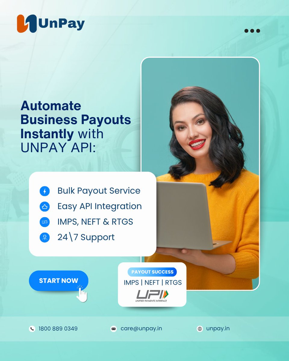 UnPay__official's tweet photo. Automate your business payouts with UnPay API – fast, secure &amp; reliable.

Start now 👉 https://t.co/Vsn3EPCA4d

#unpayapi #instantpayouts #bulkpayments #fintechindia #impsneftapi #b2bpayments https://t.co/Or6rFp8Jlo