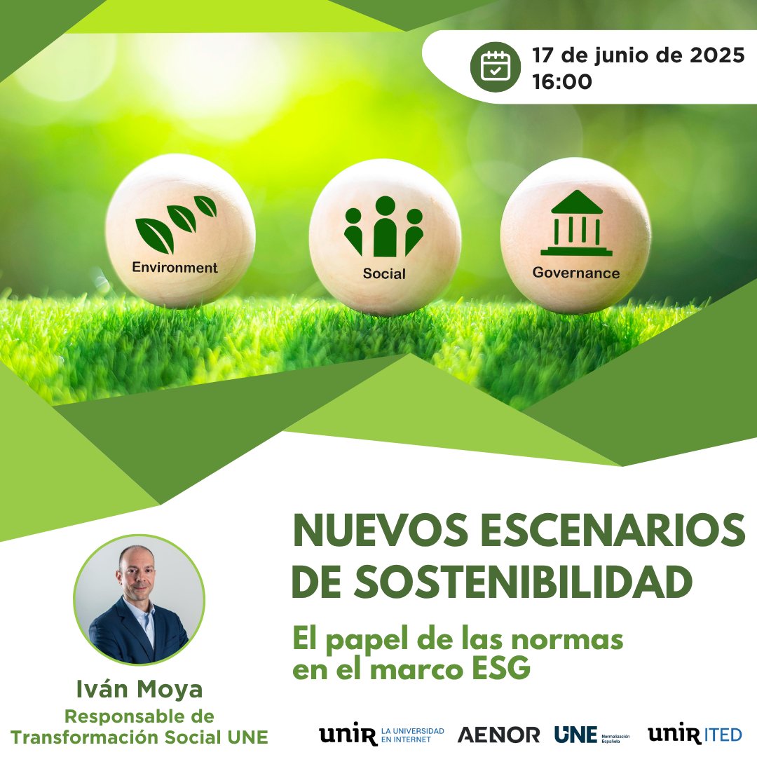 UNIRiTED's tweet photo. ❓Cómo pueden las normas ayudar a integrar los criterios ESG en tu organización?
🌱Nuevos escenarios de sostenibilidad. El papel de las normas en el marco ESG
👨‍🏫Con @Ivan_m0ya, de @NormasUNE
📅M 17/06 - 16h CEST
¡Regístrate!👉https://t.co/YU2YCzA7x1
#CatedraAENORUNIR https://t.co/JkFPnM464F
