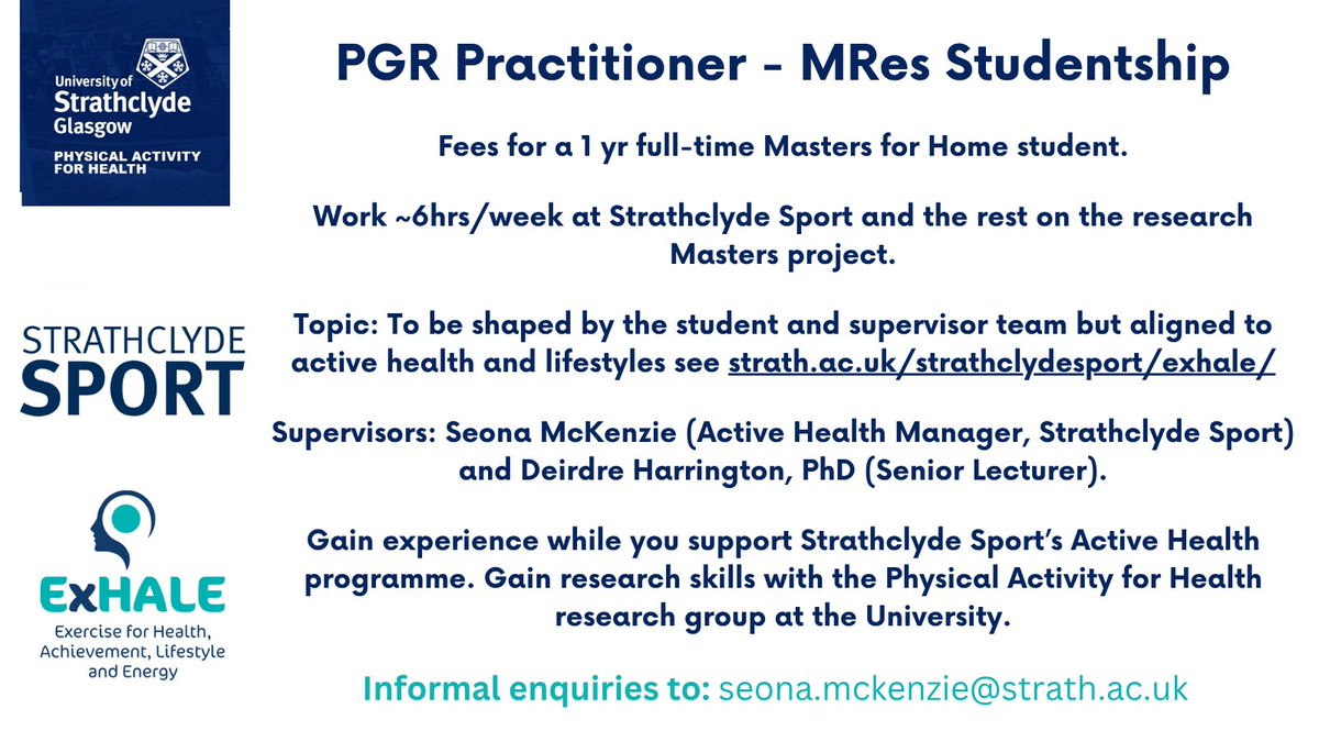 Strathclyde Physical activity for health (@strathpah) on Twitter photo ***Masters through research***
Gain a Masters while working with <a href="/StrathSport/">Strathclyde Sport</a>
DM for more details or email Seona on the email address below! ***Masters through research***
Gain a Masters while working with <a href="/StrathSport/">Strathclyde Sport</a>
DM for more details or email Seona on the email address below!