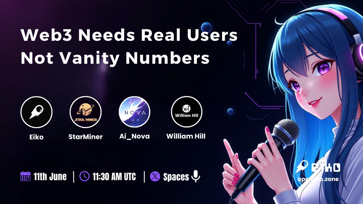 EikoZone's tweet image. 🧭Web3 Founders, Assemble!

The next EIKO X Space is live soon, and we’re diving deep this time! 💥

💬 Topic: Why Vanity Numbers are OUT &amp;amp; Real Users are IN!
🕗 June 6th | 11:30 AM UTC
🎙  Hosted by: @Eikozone
🔗Tune in: x.com/i/spaces/1lPKq…

👤 Featuring legends:…