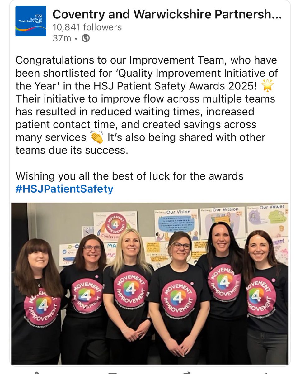 Dr Michelle Webster (@drm_webster) on Twitter photo Days at work don’t get much better than this! So proud that our amazing Improvement Team has been shortlisted for a prestigious #HSJPatientSafety award 🩷
#Movement4Improvement
<a href="/HSJ_Awards/">HSJ Awards</a>
<a href="/MelCoombesCEO/">Melanie Coombes. MBE 💙</a>
<a href="/MaryMumvuri/">Mary Mumvuri MBE</a>
<a href="/DrRichardOnyon/">Richard</a>
<a href="/DrAmarShah/">Amar Shah</a> Days at work don’t get much better than this! So proud that our amazing Improvement Team has been shortlisted for a prestigious #HSJPatientSafety award 🩷
#Movement4Improvement
<a href="/HSJ_Awards/">HSJ Awards</a>
<a href="/MelCoombesCEO/">Melanie Coombes. MBE 💙</a>
<a href="/MaryMumvuri/">Mary Mumvuri MBE</a>
<a href="/DrRichardOnyon/">Richard</a>
<a href="/DrAmarShah/">Amar Shah</a>