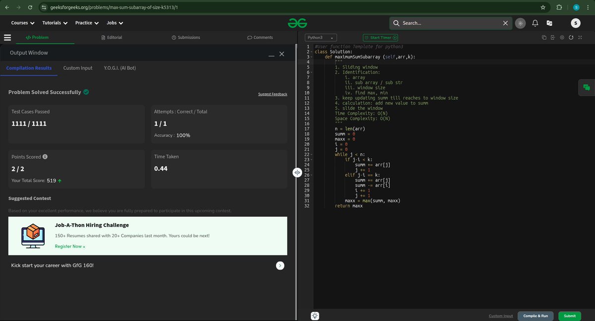 SatendraDecode's tweet photo. ✅GFG:https://t.co/JMX8oOPNu5

Max Sum Subarray of size K (Sliding Window)  

#100DaysOfCode #Coding #LeetCode #DSA #CodingChallenge #CodingJourney #gfg160challenge https://t.co/bb6N3idnso