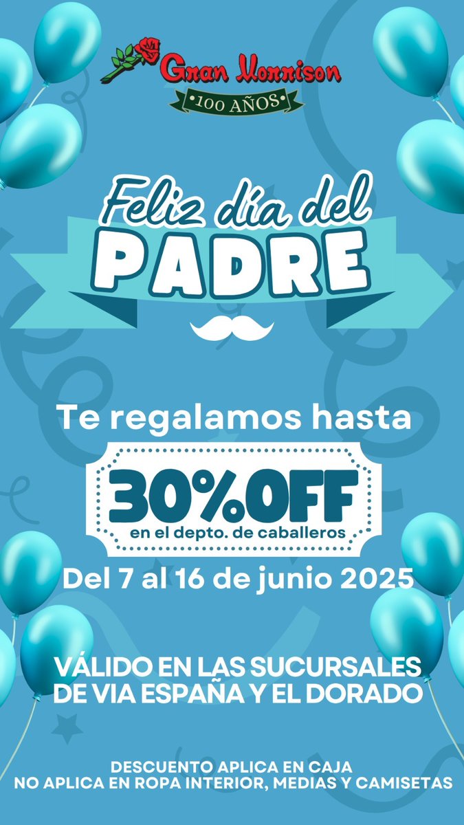 DistLewis's tweet image. Aprovecha el 30% de descuento en el Departamento de Caballero. Del 7 al 16 de junio. Aplican restricciones.