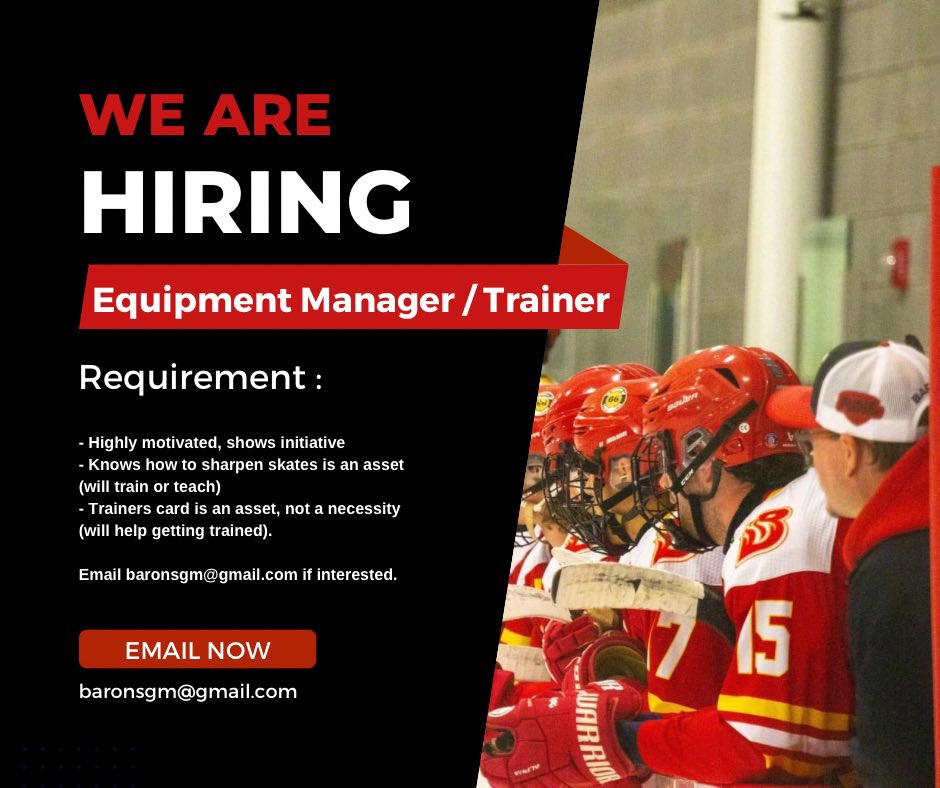 Hanover Barons (@hanoverbarons) on Twitter photo 🚨 EQUIPMENT MANAGER / TRAINER
NEEDED FOR NEXT SEASON 🚨
- Highly motivated, shows initiative
-Knows how to sharpen skates is an asset (will train or teach)
- Trainers card is an asset, not a necessity (will help getting trained)
Email baronsgm@gmail.com if interested. 🚨 EQUIPMENT MANAGER / TRAINER
NEEDED FOR NEXT SEASON 🚨
- Highly motivated, shows initiative
-Knows how to sharpen skates is an asset (will train or teach)
- Trainers card is an asset, not a necessity (will help getting trained)
Email baronsgm@gmail.com if interested.