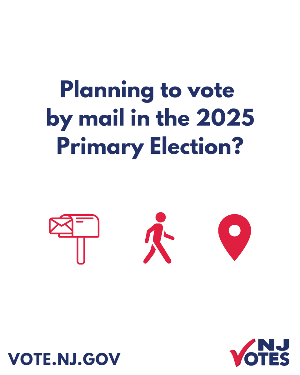 NJ_Votes's tweet image. If you plan on voting by mail in the 2025 Primary Election, the deadline to pick up a mail-in ballot application is today, June 9, by 3pm. Tuesday, June 10 is Election Day! More info at Vote.NJ.Gov. #NJVotes