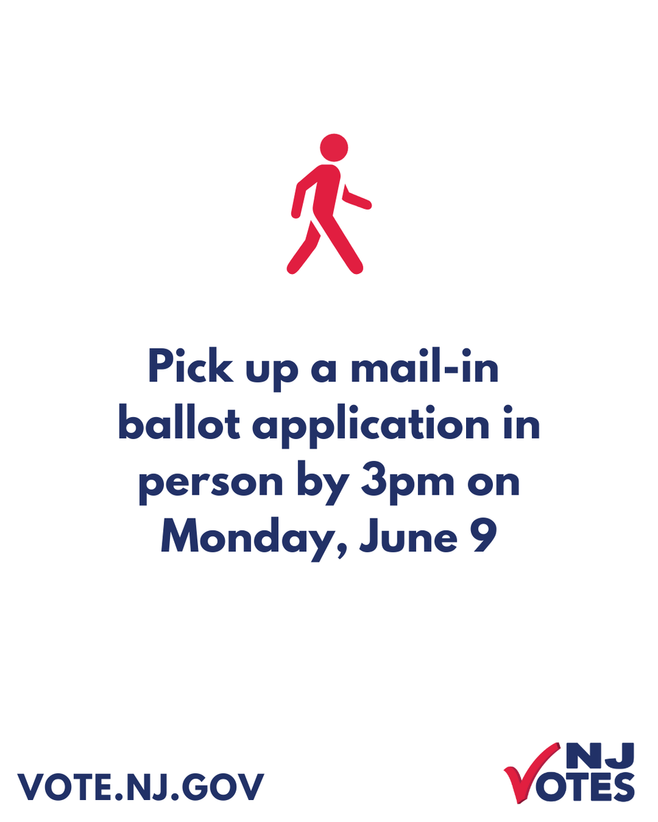 NJ_Votes's tweet image. If you plan on voting by mail in the 2025 Primary Election, the deadline to pick up a mail-in ballot application is today, June 9, by 3pm. Tuesday, June 10 is Election Day! More info at Vote.NJ.Gov. #NJVotes