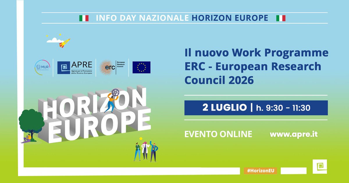 apre_it's tweet photo. 🔵 INFO DAY nazionale #HorizonEU - ERC Work Programme 2026 | REGISTRATI E PARTECIPA

📢 #APRE – in accordo con il @mur_gov_ - organizza l’Info day nazionale per il lancio del Work Programme @ERC_Research 2026

📅 02/07
💻

 👉 https://t.co/BkPjit0WTw
#2026horizoneurope https://t.co/O6tGSUbQ5d