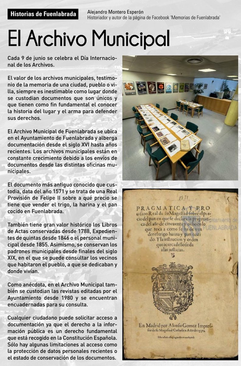 ¡Un agradecimiento al historiador Alejandro Montero, autor de <a href="/MFuenlabrada/">Memorias de Fuenlabrada</a>!  Por dedicar unas líneas en la revista de Tu ciudad de #Fuenlabrada sobre el #ArchivoMunicipal de Fuenlabrada, en conmemoración del #DíaInternacionalDeLosArchivos. ¡Tu trabajo enriquece nuestra #Historia