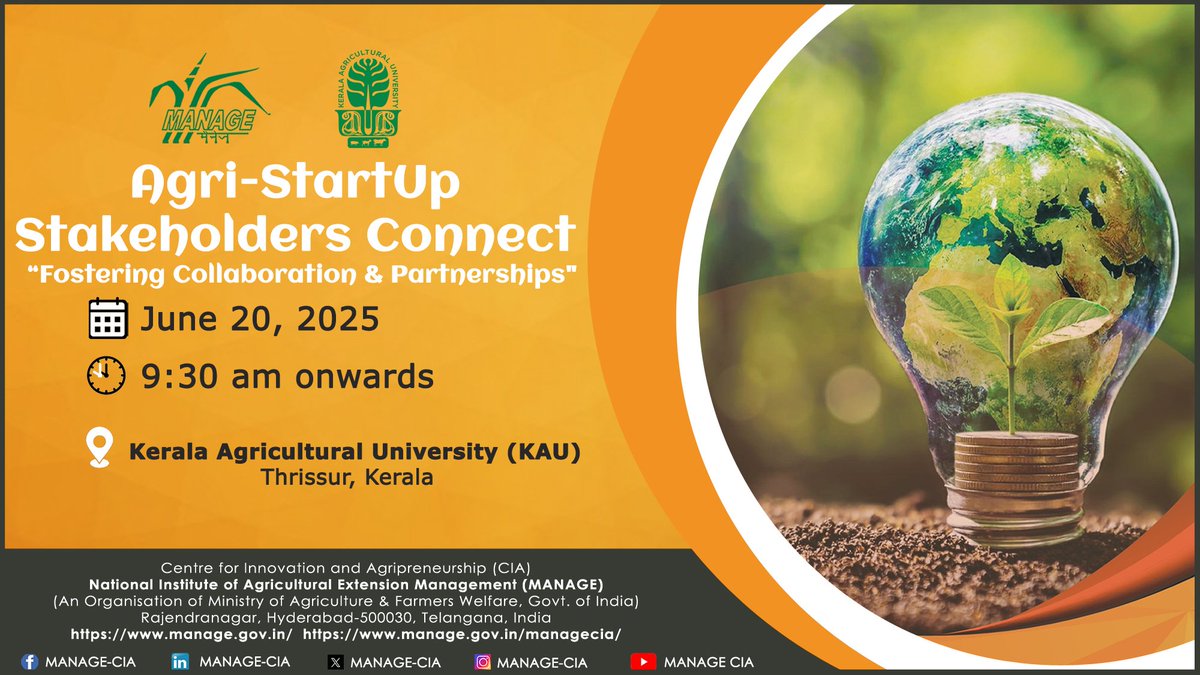 Agri-StartUp Stakeholders Connect 2025

Date: 20th June 2025
Venue: Kerala Agricultural University (KAU), Thrissur
Register here: forms.gle/CVkNsJ8DixcAns…

For more details: manage.gov.in/misc/agristart…